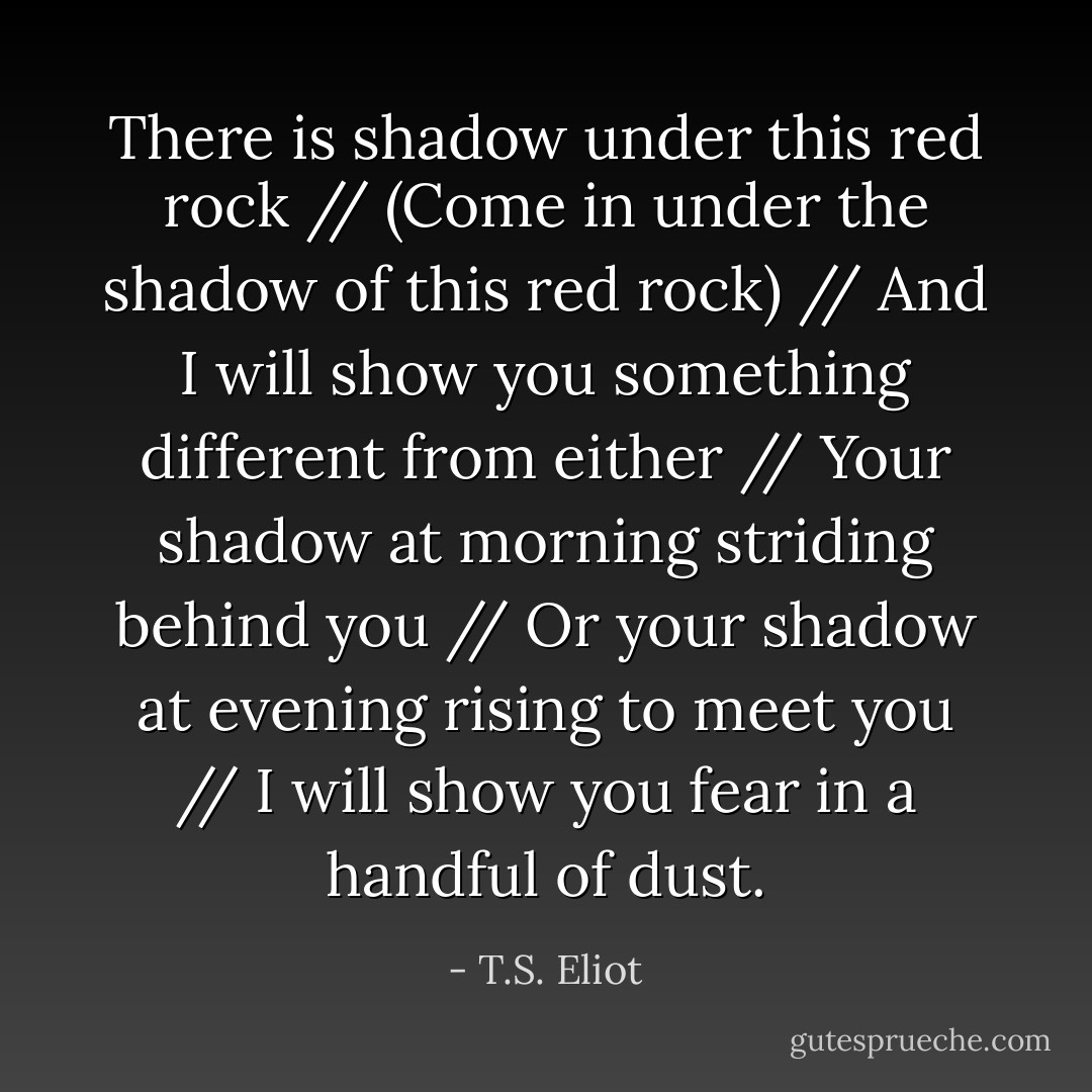 There is shadow under this red rock // (Come in under the shadow of this red rock) // And I will show you something different from either // Your shadow at morning striding behind you // Or your shadow at evening rising to meet you // I will show you fear in a handful of dust. - T.S. Eliot