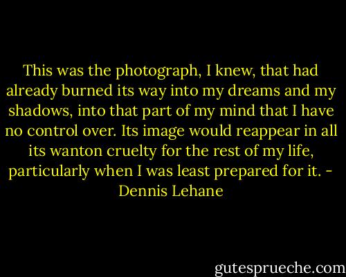 This was the photograph, I knew, that had already burned its way into my dreams and my shadows, into that part of my mind that I have no control over. Its image would reappear in all its wanton cruelty for the rest of my life, particularly when I was least prepared for it. - Dennis Lehane