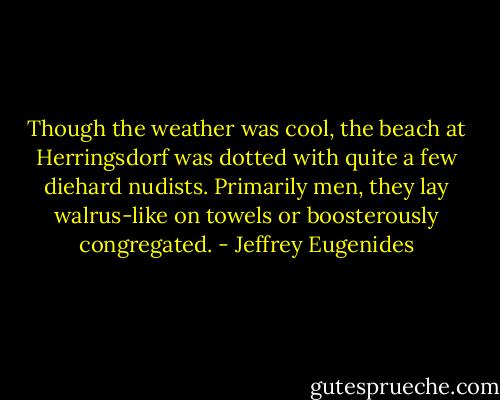 Though the weather was cool, the beach at Herringsdorf was dotted with quite a few diehard nudists. Primarily men, they lay walrus-like on towels or boosterously congregated. - Jeffrey Eugenides