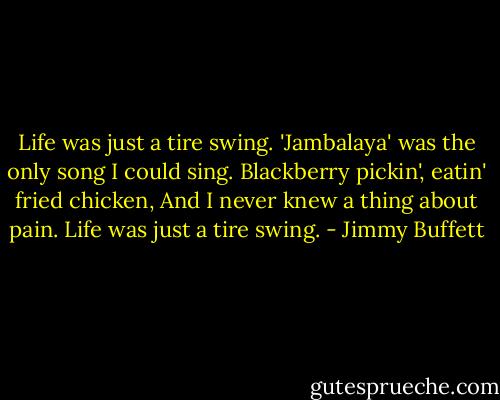 Life was just a tire swing.<br />'Jambalaya' was the only song I could sing.<br />Blackberry pickin', eatin' fried chicken,<br />And I never knew a thing about pain.<br />Life was just a tire swing. - Jimmy Buffett