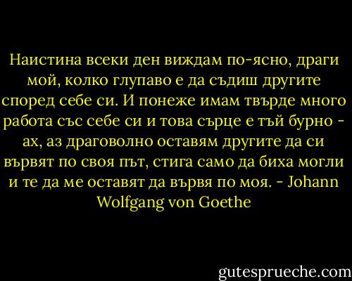 Наистина всеки ден виждам по-ясно, драги мой, колко глупаво е да съдиш другите според себе си. И понеже имам твърде много работа със себе си и това сърце е тъй бурно - ах, аз драговолно оставям другите да си вървят по своя път, стига само да биха могли и те да ме оставят да вървя по моя. - Johann Wolfgang von Goethe