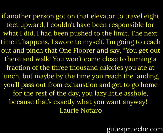 if another person got on that elevator to travel eight feet upward, I couldn’t have been responsible for what I did. I had been pushed to the limit. The next time it happens, I swore to myself, I’m going to reach out and pinch that One Floorer and say, “You get out there and walk! You won’t come close to burning a fraction of the three thousand calories you ate at lunch, but maybe by the time you reach the landing, you’ll pass out from exhaustion and get to go home for the rest of the day, you lazy little asshole, because that’s exactly what you want anyway! - Laurie Notaro