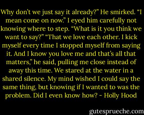 Why don’t we just say it already?” He smirked. “I mean come on now.”<br />I eyed him carefully not knowing where to step. “What is it you think we want to say?”<br />“That we love each other. I kick myself every time I stopped myself from saying it. And I know you love me and that’s all that matters,” he said, pulling me close instead of away this time. We stared at the water in a shared silence.<br />My mind wished I could say the same thing, but knowing if I wanted to was the problem. Did I even know how? - Holly Hood