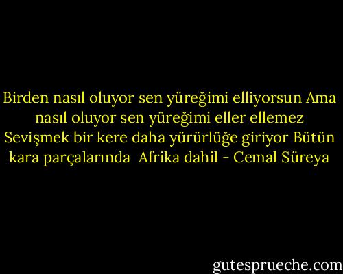 Birden nasıl oluyor sen yüreğimi elliyorsun<br />Ama nasıl oluyor sen yüreğimi eller ellemez<br />Sevişmek bir kere daha yürürlüğe giriyor<br />Bütün kara parçalarında<br /> Afrika dahil - Cemal Süreya