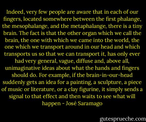 Indeed, very few people are aware that in each of our fingers, located somewhere between the first phalange, the mesophalange, and the metaphalange, there is a tiny brain. The fact is that the other organ which we call the brain, the one with which we came into the world, the one which we transport around in our head and which transports us so that we can transport it, has only ever had very general, vague, diffuse and, above all, unimaginative ideas about what the hands and fingers should do. For example, if the brain-in-our-head suddenly gets an idea for a painting, a sculpture, a piece of music or literature, or a clay figurine, it simply sends a signal to that effect and then waits to see what will happen - José Saramago
