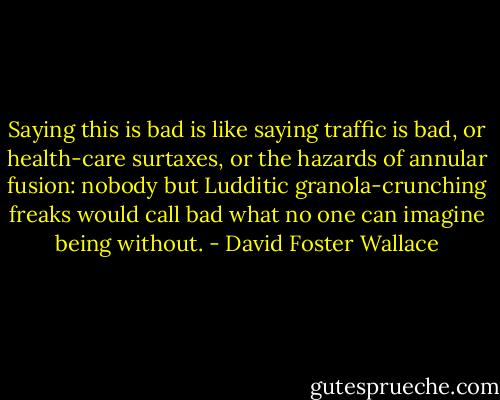 Saying this is bad is like saying traffic is bad, or health-care surtaxes, or the hazards of annular fusion: nobody but Ludditic granola-crunching freaks would call bad what no one can imagine being without. - David Foster Wallace