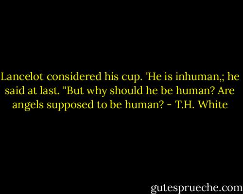 Lancelot considered his cup.<br />'He is inhuman,; he said at last. "But why should he be human? Are angels supposed to be human? - T.H. White