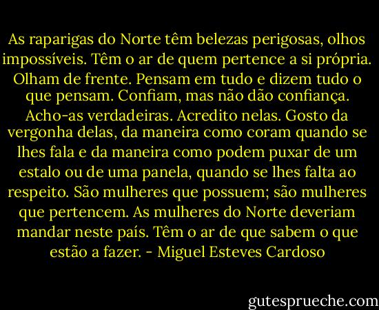 As raparigas do Norte têm belezas perigosas, olhos impossíveis. Têm o ar de quem pertence a si própria. Olham de frente. Pensam em tudo e dizem tudo o que pensam. Confiam, mas não dão confiança. Acho-as verdadeiras. Acredito nelas. Gosto da vergonha delas, da maneira como coram quando se lhes fala e da maneira como podem puxar de um estalo ou de uma panela, quando se lhes falta ao respeito. São mulheres que possuem; são mulheres que pertencem. As mulheres do Norte deveriam mandar neste país. Têm o ar de que sabem o que estão a fazer. - Miguel Esteves Cardoso