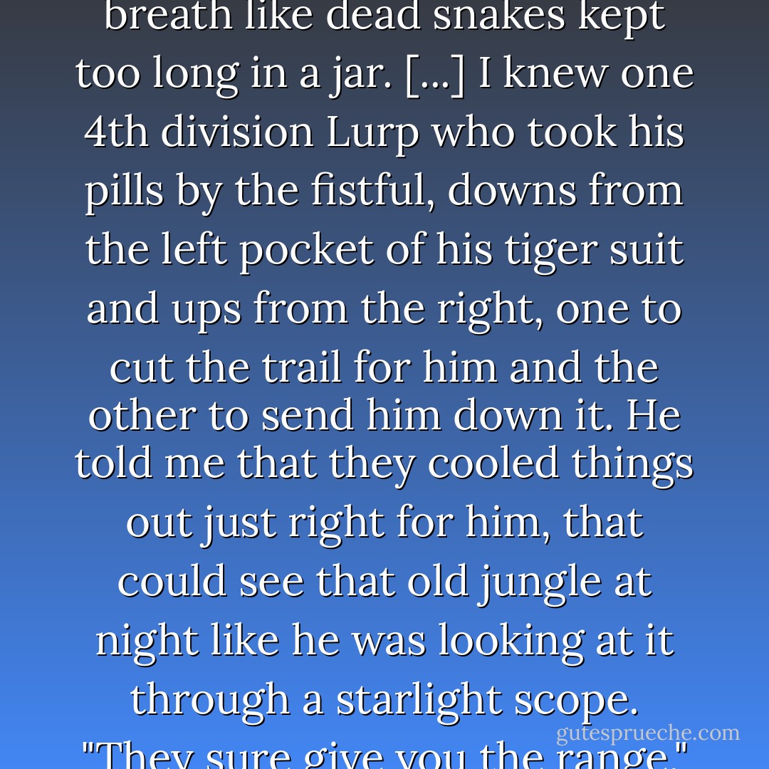 Going out at night the medics gave you pills, Dexedrine breath like dead snakes kept too long in a jar. [...] I knew one 4th division Lurp who took his pills by the fistful, downs from the left pocket of his tiger suit and ups from the right, one to cut the trail for him and the other to send him down it. He told me that they cooled things out just right for him, that could see that old jungle at night like he was looking at it through a starlight scope. "They sure give you the range," he said. - Michael Herr