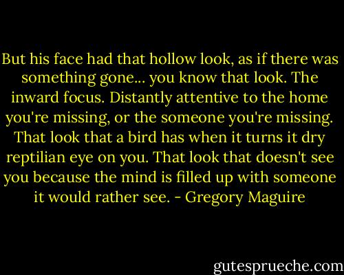 But his face had that hollow look, as if there was something gone... you know that look. The inward focus. Distantly attentive to the home you're missing, or the someone you're missing. That look that a bird has when it turns it dry reptilian eye on you. That look that doesn't see you because the mind is filled up with someone it would rather see. - Gregory Maguire