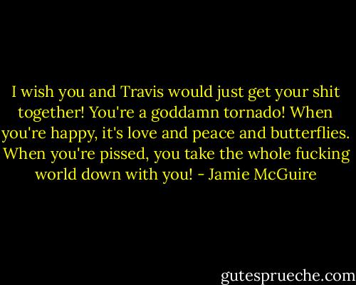 I wish you and Travis would just get your shit together! You're a goddamn tornado! When you're happy, it's love and peace and butterflies. When you're pissed, you take the whole fucking world down with you! - Jamie McGuire