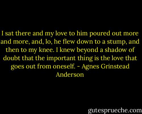 I sat there and my love to him poured out more and more, and, lo, he flew down to a stump, and then to my knee. I knew beyond a shadow of doubt that the important thing is the love that goes out from oneself. - Agnes Grinstead Anderson