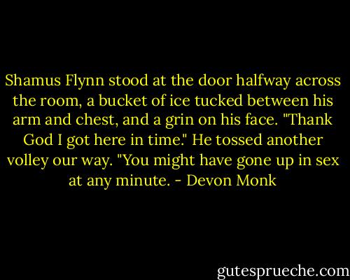 Shamus Flynn stood at the door halfway across the room, a bucket of ice tucked between his arm and chest, and a grin on his face.<br />"Thank God I got here in time." He tossed another volley our way. "You might have gone up in sex at any minute. - Devon Monk