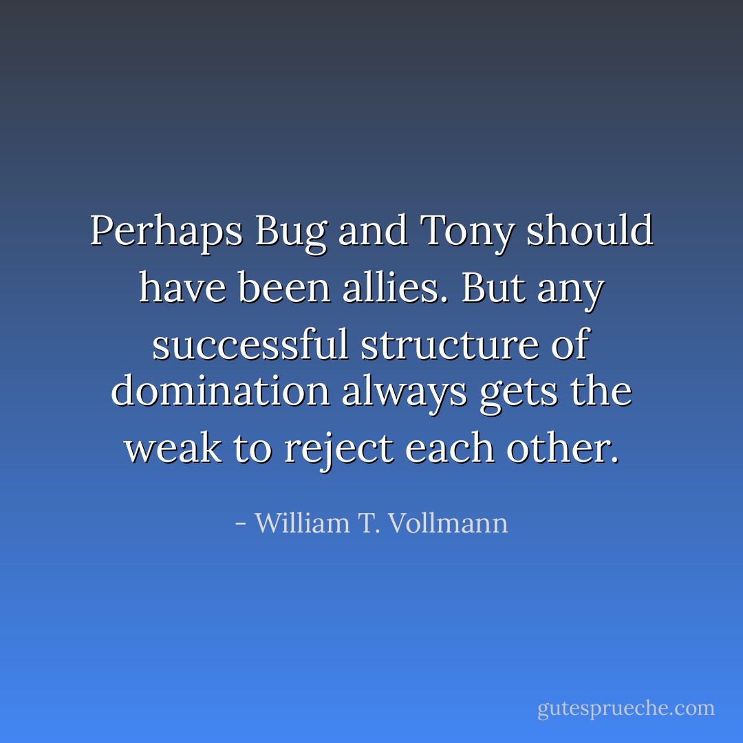 Perhaps Bug and Tony should have been allies. But any successful structure of domination always gets the weak to reject each other. - William T. Vollmann