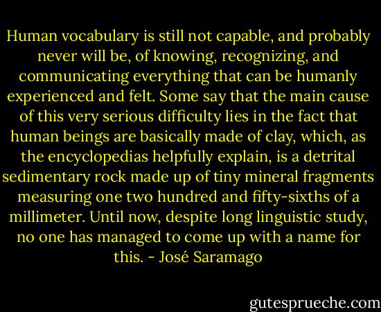 Human vocabulary is still not capable, and probably never will be, of knowing, recognizing, and communicating everything that can be humanly experienced and felt. Some say that the main cause of this very serious difficulty lies in the fact that human beings are basically made of clay, which, as the encyclopedias helpfully explain, is a detrital sedimentary rock made up of tiny mineral fragments measuring one two hundred and fifty-sixths of a millimeter. Until now, despite long linguistic study, no one has managed to come up with a name for this. - José Saramago