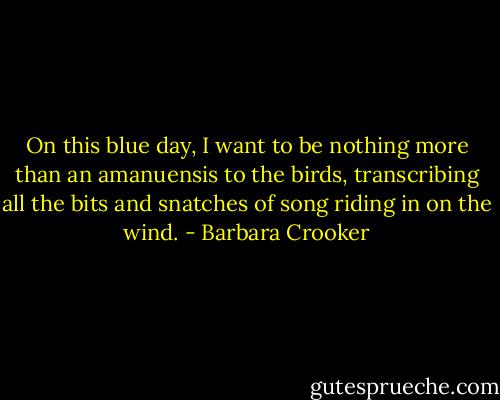 On this blue day, I want to be nothing more than an amanuensis to the birds, transcribing all the bits and snatches of song riding in on the wind. - Barbara Crooker