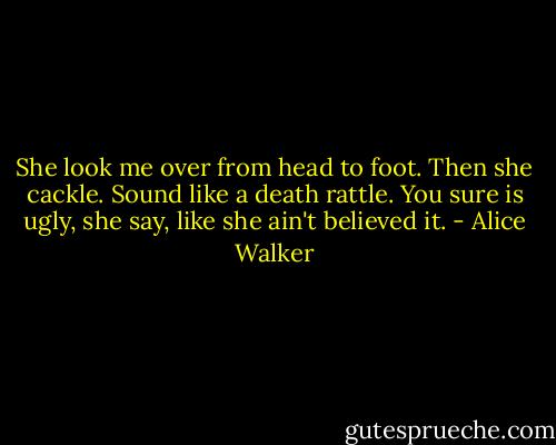 She look me over from head to foot. Then she cackle. Sound like a death rattle. You sure is ugly, she say, like she ain't believed it. - Alice Walker