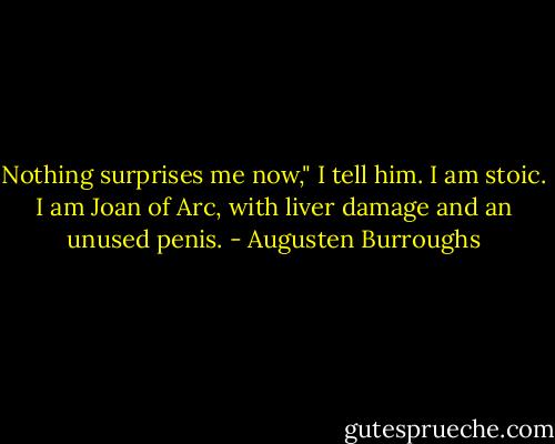 Nothing surprises me now," I tell him. I am stoic. I am Joan of Arc, with liver damage and an unused penis. - Augusten Burroughs