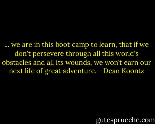 ... we are in this boot camp to learn, that if we don't persevere through all this world's obstacles and all its wounds, we won't earn our next life of great adventure. - Dean Koontz