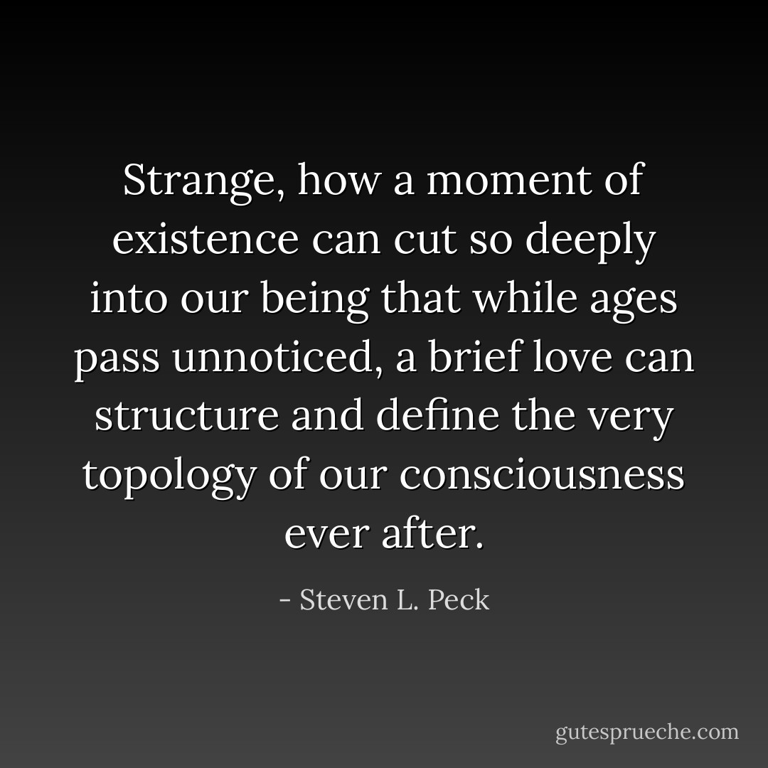 Strange, how a moment of existence can cut so deeply into our being that while ages pass unnoticed, a brief love can structure and define the very topology of our consciousness ever after. - Steven L. Peck