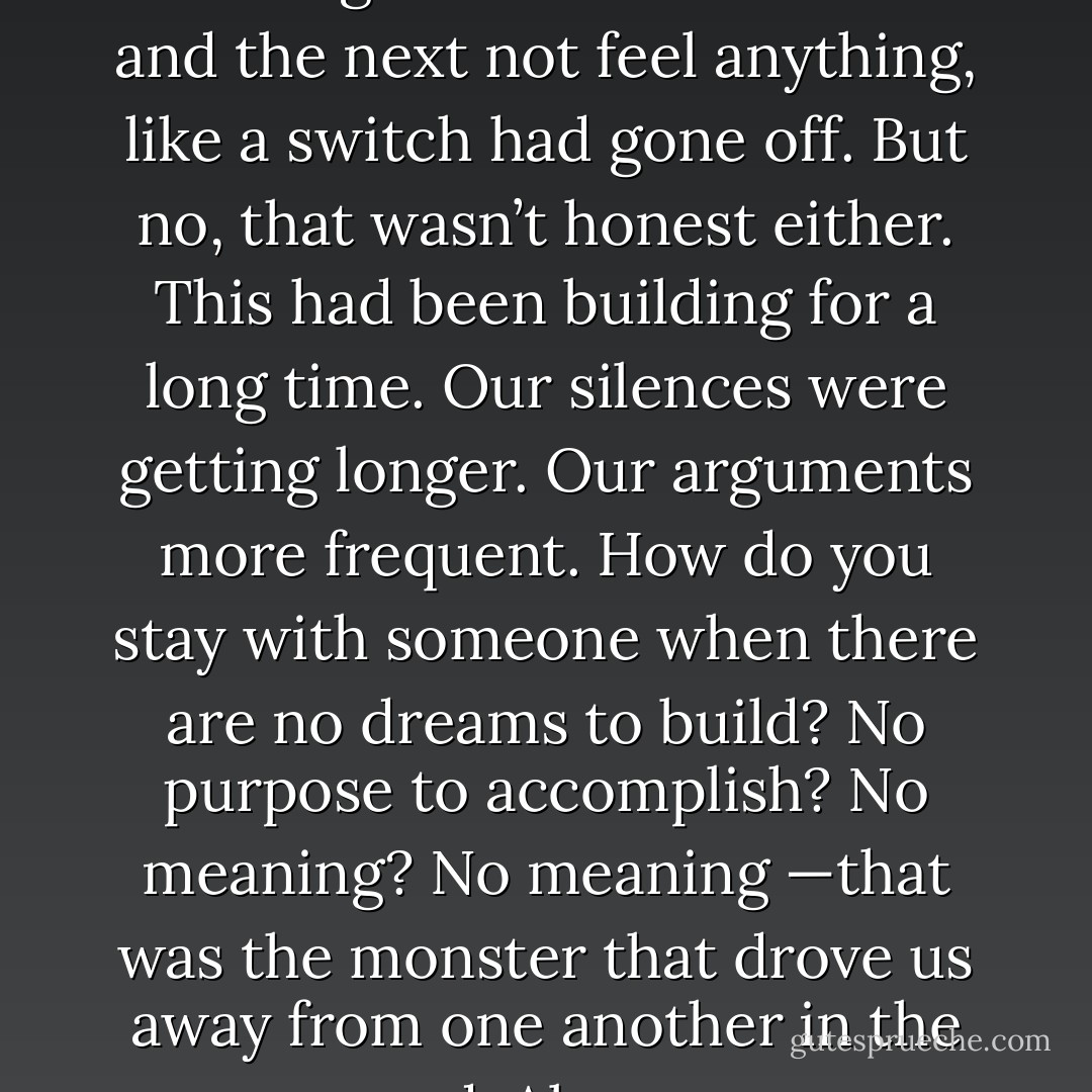 It seemed funny that one day I would go to bed in her arms and the next not feel anything, like a switch had gone off. But no, that wasn’t honest either. This had been building for a long time. Our silences were getting longer. Our arguments more frequent. How do you stay with someone when there are no dreams to build? No purpose to accomplish? No meaning? No meaning —that was the monster that drove us away from one another in the end. Always. - Steven L. Peck