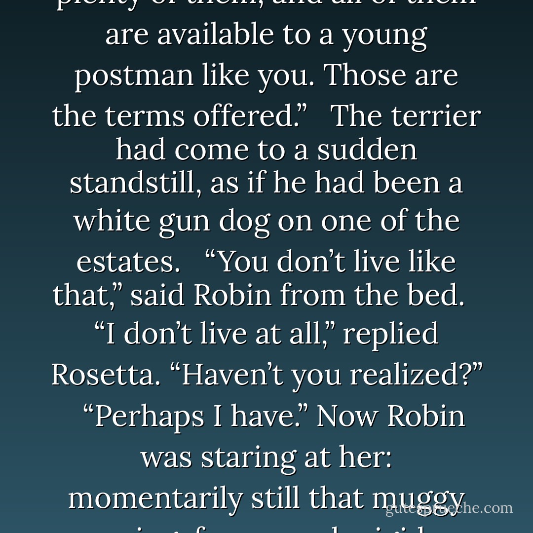 Give up all the wild ideas that buzz round you like wasps. Or like bluebottles. […] Find a nice, ordinary girl, not too attractive or you’ll be jealous all the time, not too bright or you’ll be anxious all the time, not too rich or you’ll have nothing to strive for, not too original or she’ll upset people. There are plenty of them, and all of them are available to a young postman like you. Those are the terms offered.”<br /> <br />The terrier had come to a sudden standstill, as if he had been a white gun dog on one of the estates.<br /> <br />“<i>You</i> don’t live like that,” said Robin from the bed.<br /> <br />“I don’t live at all,” replied Rosetta. “Haven’t you realized?”<br /> <br />“Perhaps I have.” Now Robin was staring at her: momentarily still that muggy evening; for seconds rigid as the dog.<br /> <br />Rosetta smiled. “I am the person every postman meets in the end.”<br /> <br />“I’m a provisional postman only. I told you that clearly,” remarked Robin, starting once more to relax.<br /> <br />“Do what I tell you. What else is there for you? Only wasps and bluebottles. - Robert Aickman