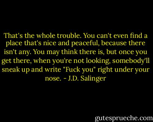 That's the whole trouble. You can't even find a place that's nice and peaceful, because there isn't any. You may think there is, but once you get there, when you're not looking, somebody'll sneak up and write "Fuck you" right under your nose. - J.D. Salinger