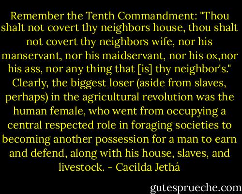 Remember the Tenth Commandment: "Thou shalt not covert thy neighbors house, thou shalt not covert thy neighbors wife, nor his manservant, nor his maidservant, nor his ox,nor his ass, nor any thing that [is] thy neighbor's." Clearly, the biggest loser (aside from slaves, perhaps) in the agricultural revolution was the human female, who went from occupying a central respected role in foraging societies to becoming another possession for a man to earn and defend, along with his house, slaves, and livestock. - Cacilda Jethá