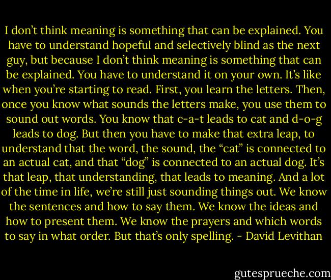 I don’t think meaning is something that can be explained. You have to understand<br />hopeful and selectively blind as the next guy, but because I don’t think meaning is something that can be explained. You have to understand<br />it on your own. It’s like when you’re starting to read. First, you learn the letters. Then, once you know what sounds the letters make, you use them to sound out words. You know that c-a-t leads to cat and d-o-g leads to dog. But then you have to make that extra leap, to understand that the word, the sound, the “cat” is connected to an actual cat, and that “dog” is connected to an actual dog. It’s that leap, that understanding, that leads to meaning. And a lot of the time in life, we’re still just sounding things out. We know the sentences and how to say them. We know the ideas and how to present them. We know the prayers and which words to say in what order. But that’s only spelling. - David Levithan