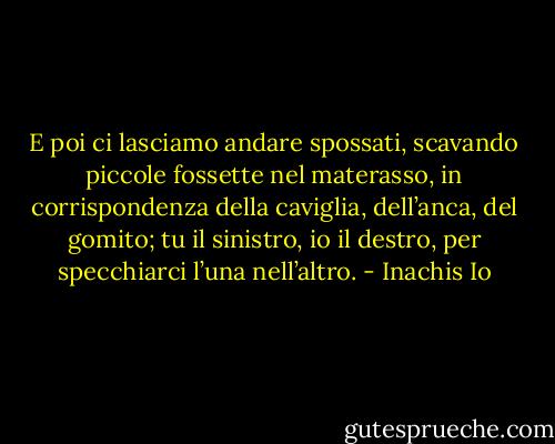 E poi ci lasciamo andare spossati, scavando piccole fossette nel materasso, in corrispondenza della caviglia, dell’anca, del gomito; tu il sinistro, io il destro, per specchiarci l’una nell’altro. - Inachis Io