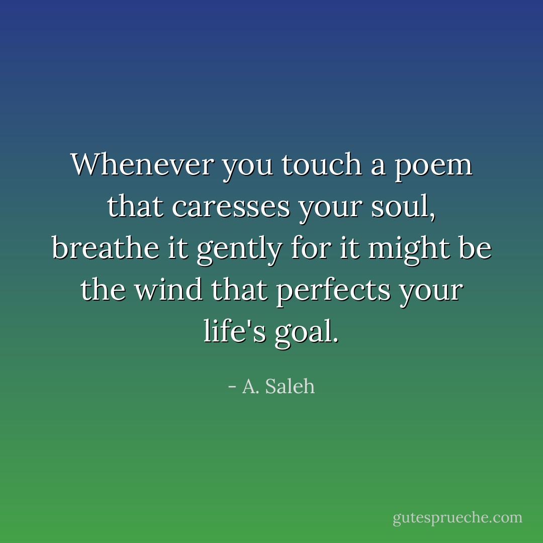 Whenever you touch a poem that caresses your soul, breathe it gently for it might be the wind that perfects your life's goal. - A. Saleh