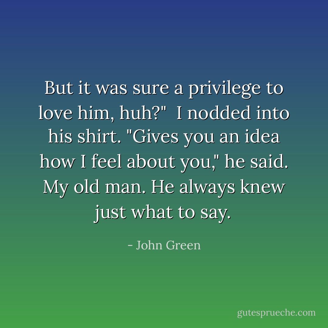 But it was sure a privilege to love him, huh?" <br />I nodded into his shirt.<br />"Gives you an idea how I feel about you," he said.<br />My old man. He always knew just what to say. - John Green