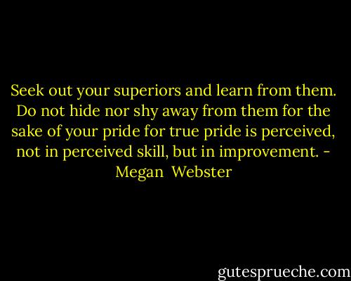Seek out your superiors and learn from them. Do not hide nor shy away from them for the sake of your pride for true pride is perceived, not in perceived skill, but in improvement. - Megan  Webster