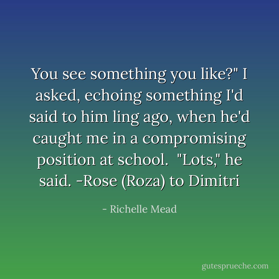 You see something you like?" I asked, echoing something I'd said to him ling ago, when he'd caught me in a compromising position at school.<br /> "Lots," he said.<br />-Rose (Roza) to Dimitri - Richelle Mead