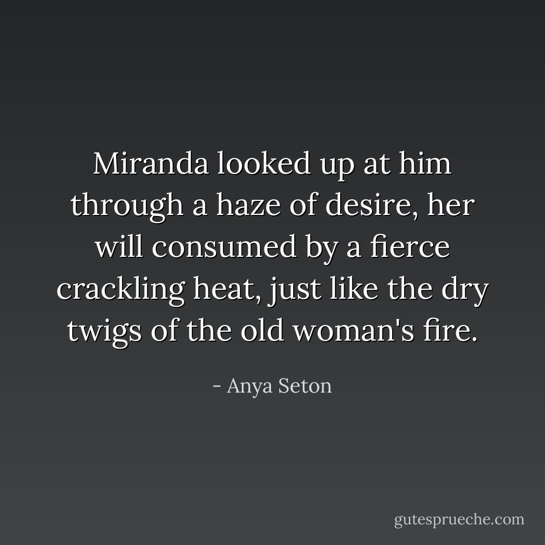 Miranda looked up at him through a haze of desire, her will consumed by a fierce crackling heat, just like the dry twigs of the old woman's fire. - Anya Seton
