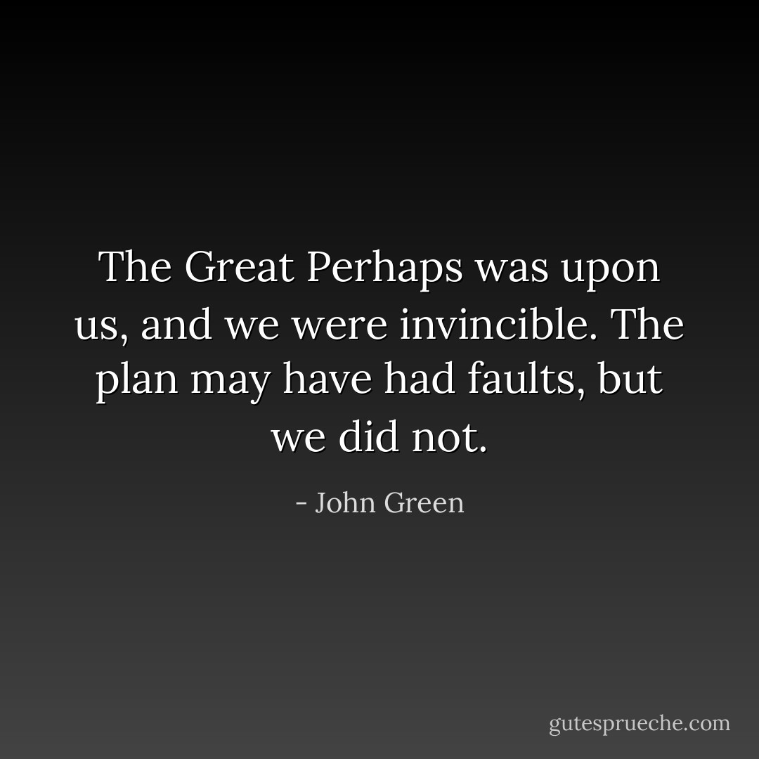 The Great Perhaps was upon us, and we were invincible. The plan may have had faults, but we did not. - John Green