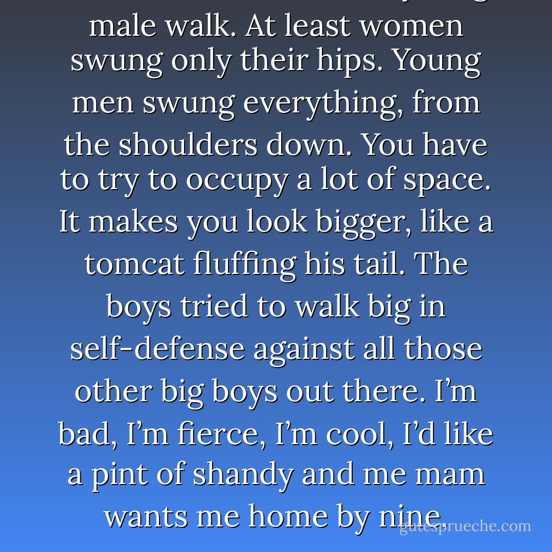 And then there was the young male walk. At least women swung only their hips. Young men swung everything, from the shoulders down. You have to try to occupy a lot of space. It makes you look bigger, like a tomcat fluffing his tail. The boys tried to walk big in self-defense against all those other big boys out there. I’m bad, I’m fierce, I’m cool, I’d like a pint of shandy and me mam wants me home by nine. - Terry Pratchett