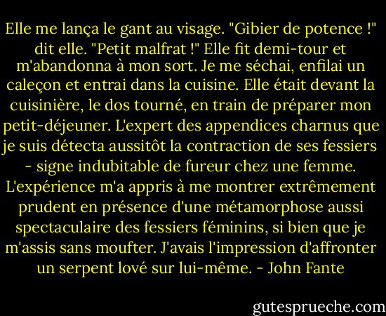Elle me lança le gant au visage. "Gibier de potence !" dit elle. "Petit malfrat !"<br />Elle fit demi-tour et m'abandonna à mon sort. Je me séchai, enfilai un caleçon et entrai dans la cuisine. Elle était devant la cuisinière, le dos tourné, en train de préparer mon petit-déjeuner. L'expert des appendices charnus que je suis détecta aussitôt la contraction de ses fessiers - signe indubitable de fureur chez une femme. L'expérience m'a appris à me montrer extrêmement prudent en présence d'une métamorphose aussi spectaculaire des fessiers féminins, si bien que je m'assis sans moufter. J'avais l'impression d'affronter un serpent lové sur lui-même. - John Fante
