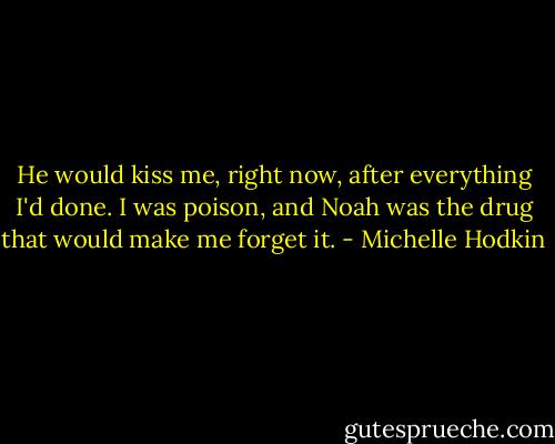 He would kiss me, right now, after everything I'd done. I was poison, and Noah was the drug that would make me forget it. - Michelle Hodkin