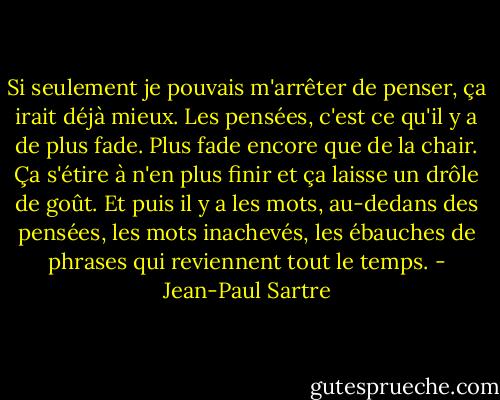 Si seulement je pouvais m'arrêter de penser, ça irait déjà mieux. Les pensées, c'est ce qu'il y a de plus fade. Plus fade encore que de la chair. Ça s'étire à n'en plus finir et ça laisse un drôle de goût. Et puis il y a les mots, au-dedans des pensées, les mots inachevés, les ébauches de phrases qui reviennent tout le temps. - Jean-Paul Sartre