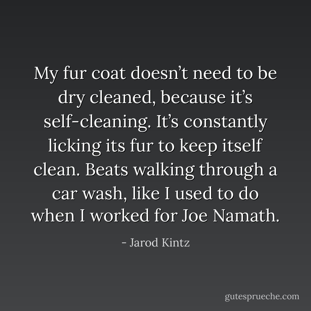 My fur coat doesn’t need to be dry cleaned, because it’s self-cleaning. It’s constantly licking its fur to keep itself clean. Beats walking through a car wash, like I used to do when I worked for Joe Namath. - Jarod Kintz