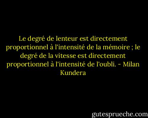 Le degré de lenteur est directement proportionnel à l'intensité de la mémoire ; le degré de la vitesse est directement proportionnel à l'intensité de l'oubli. - Milan Kundera