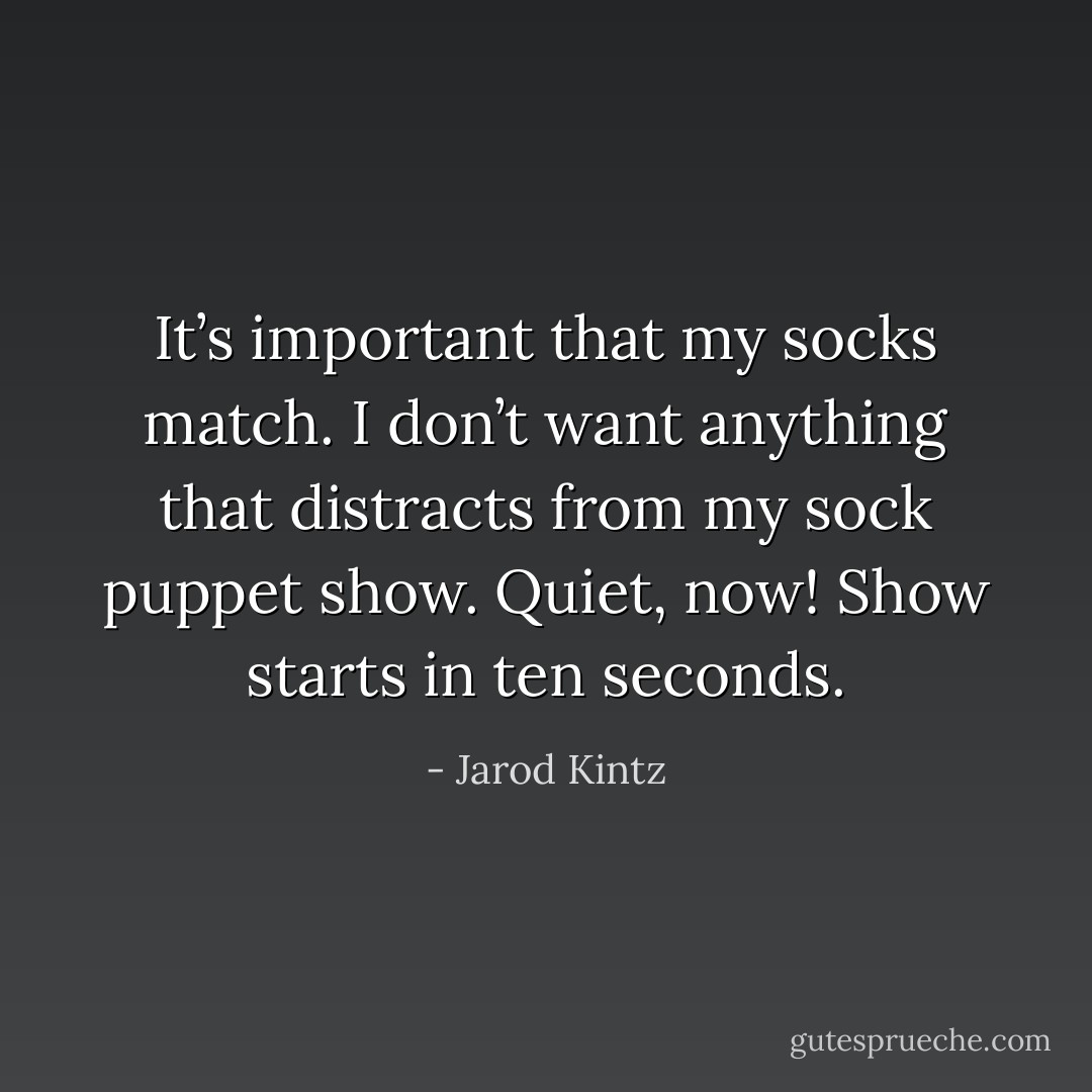 It’s important that my socks match. I don’t want anything that distracts from my sock puppet show. Quiet, now! Show starts in ten seconds. - Jarod Kintz