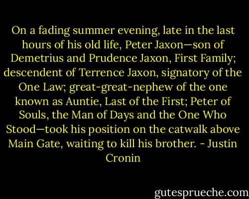 On a fading summer evening, late in the last hours of his old life, Peter Jaxon—son of Demetrius and Prudence Jaxon, First Family; descendent of Terrence Jaxon, signatory of the One Law; great-great-nephew of the one known as Auntie, Last of the First; Peter of Souls, the Man of Days and the One Who Stood—took his position on the catwalk above Main Gate, waiting to kill his brother. - Justin Cronin