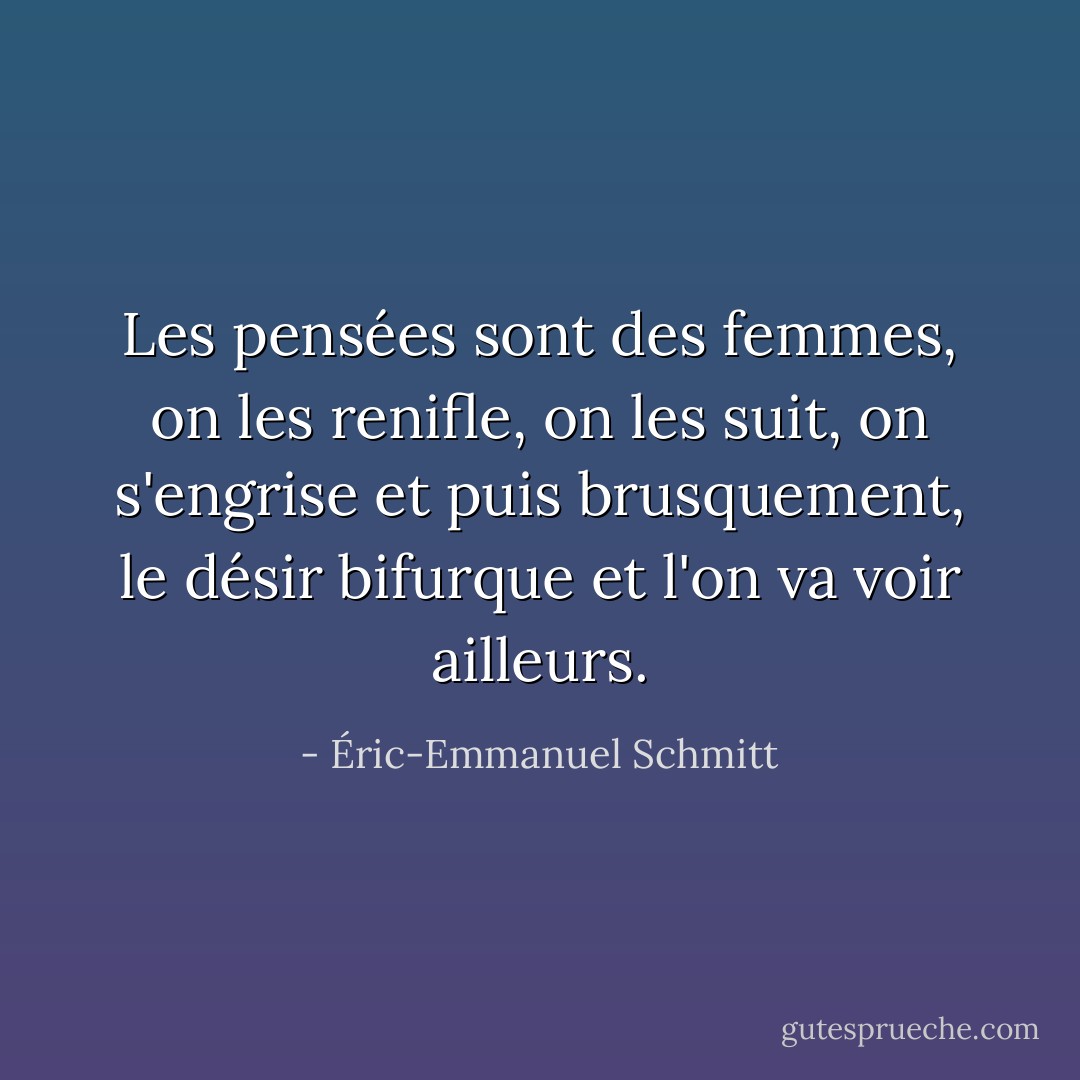 Les pensées sont des femmes, on les renifle, on les suit, on s'engrise et puis brusquement, le désir bifurque et l'on va voir ailleurs. - Éric-Emmanuel Schmitt