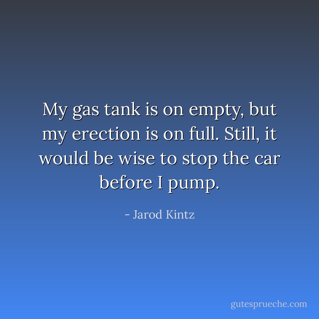 My gas tank is on empty, but my erection is on full. Still, it would be wise to stop the car before I pump. - Jarod Kintz