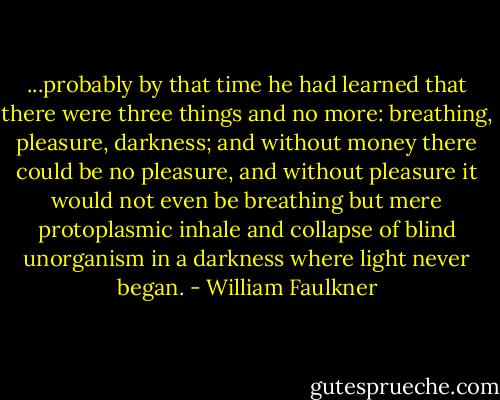 ...probably by that time he had learned that there were three things and no more: breathing, pleasure, darkness; and without money there could be no pleasure, and without pleasure it would not even be breathing but mere protoplasmic inhale and collapse of blind unorganism in a darkness where light never began. - William Faulkner