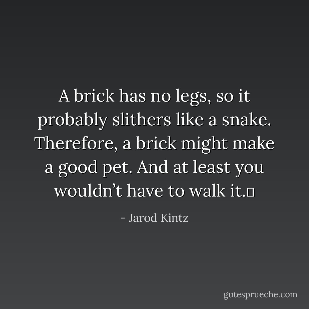 A brick has no legs, so it probably slithers like a snake. Therefore, a brick might make a good pet. And at least you wouldn’t have to walk it.  - Jarod Kintz