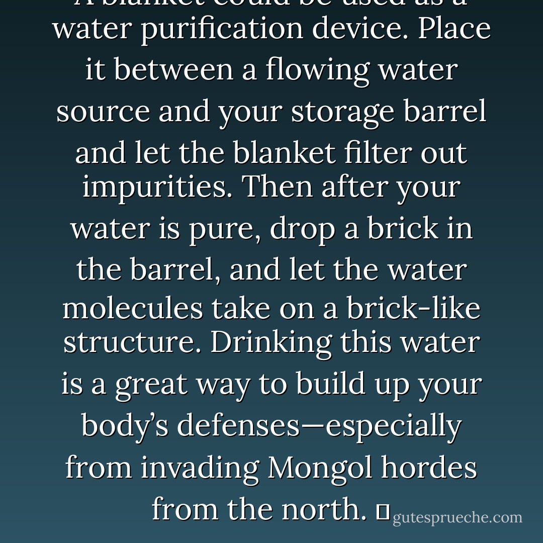 A blanket could be used as a water purification device. Place it between a flowing water source and your storage barrel and let the blanket filter out impurities. Then after your water is pure, drop a brick in the barrel, and let the water molecules take on a brick-like structure. Drinking this water is a great way to build up your body’s defenses—especially from invading Mongol hordes from the north.   - Jarod Kintz