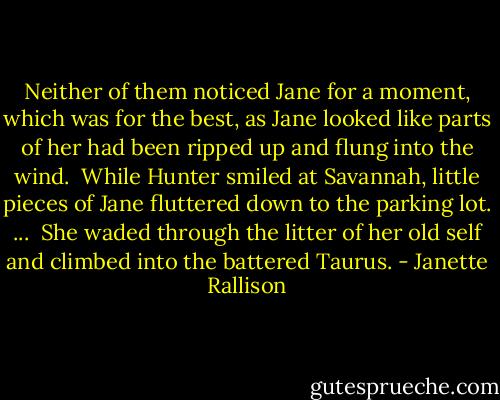 Neither of them noticed Jane for a moment, which was for the best, as Jane looked like parts of her had been ripped up and flung into the wind.<br /><br />While Hunter smiled at Savannah, little pieces of Jane fluttered down to the parking lot. ...<br /><br />She waded through the litter of her old self and climbed into the battered Taurus. - Janette Rallison